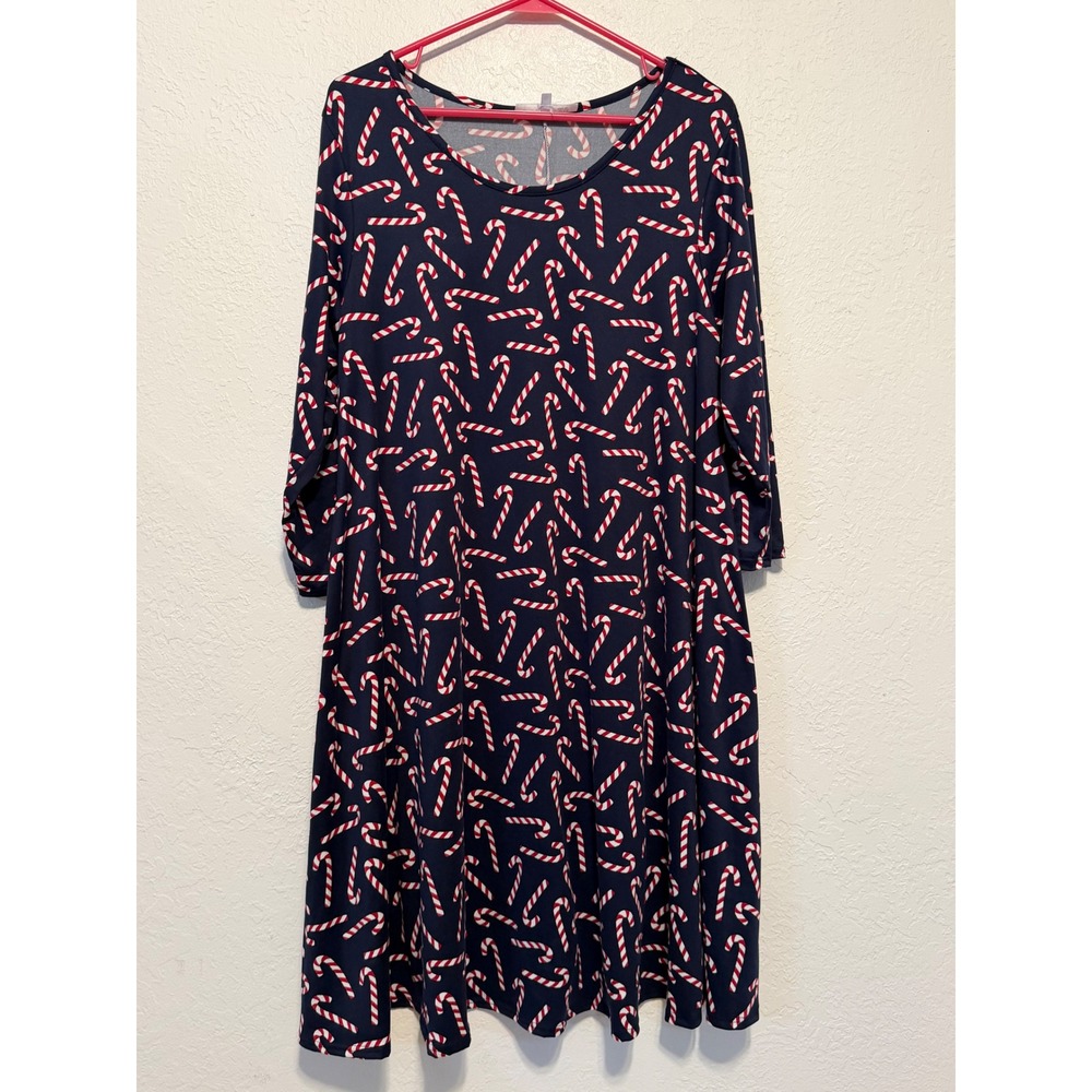 C'est La Vie Candy Cane Christmas Dress XL Navy Blue Long Sleeve Holiday MD1280